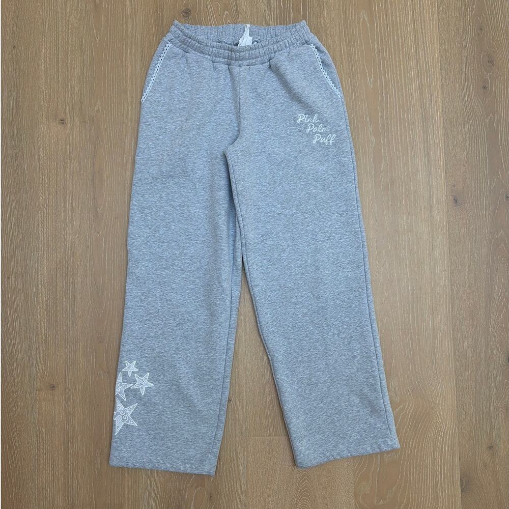 Pink Palm Puff Sweatpants Wide Leg Lacy Size M Gray White
